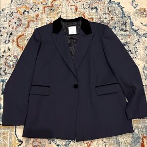 NWT Sandro Paris Navy Oversized Blazer with Black Velvet Accents-size 42 (US 10)